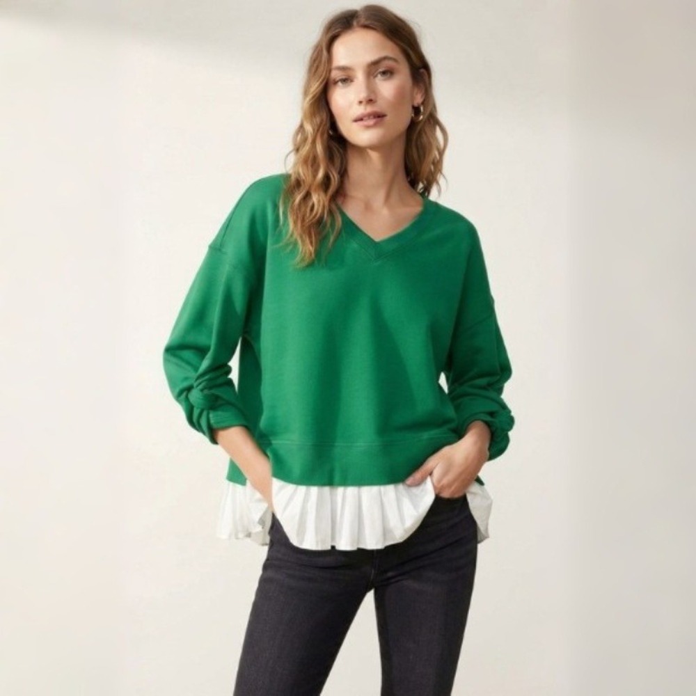 Anthropologie Maeve Long-Sleeve V-Neck Knit Pullover Green Sweatshirt Size XL